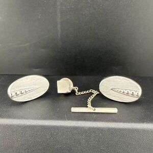 Vintage Swank Cuff Links Tie Tack Set Silver Tone Signed